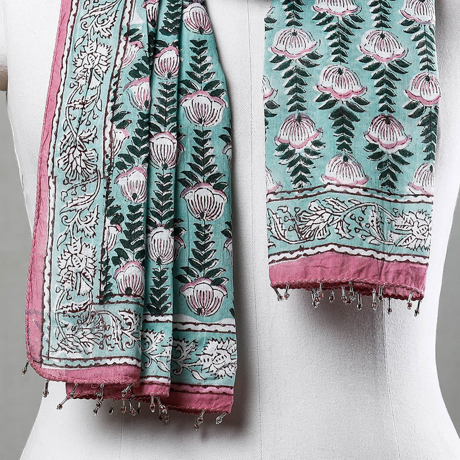  Green with Pink Flowers Sanganeri Block Printed Cotton Stole with Beaded Border Online at iTokri.com