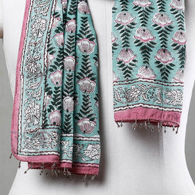 Green with Pink Flowers Sanganeri Block Printed Cotton Stole with Beaded Border Online at iTokri.com