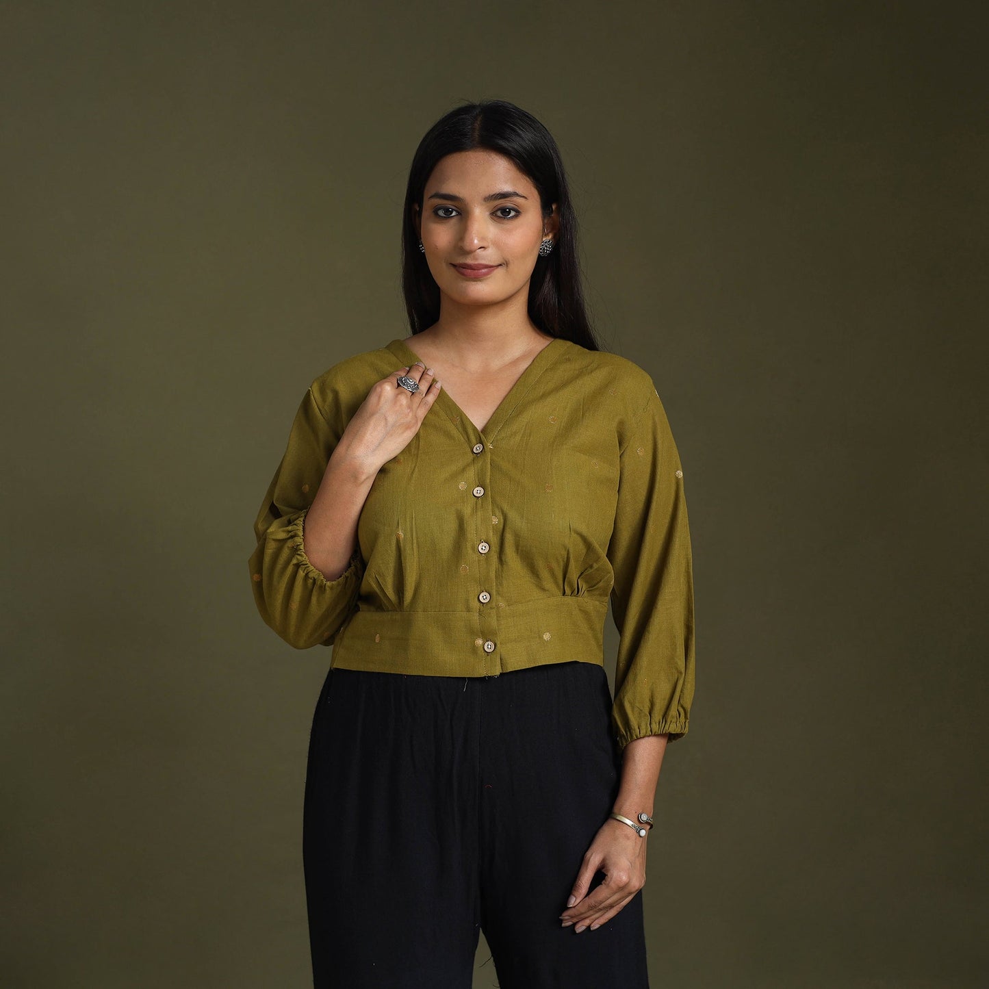  Green Full Sleeve Cotton Jacquard Crop Top