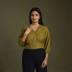  Green Full Sleeve Cotton Jacquard Crop Top