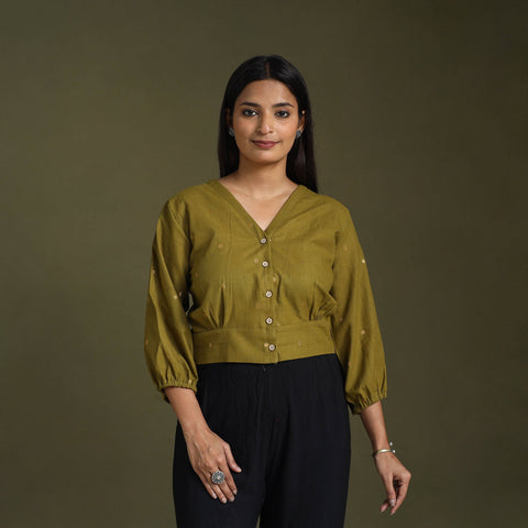  Green Full Sleeve Cotton Jacquard Crop Top