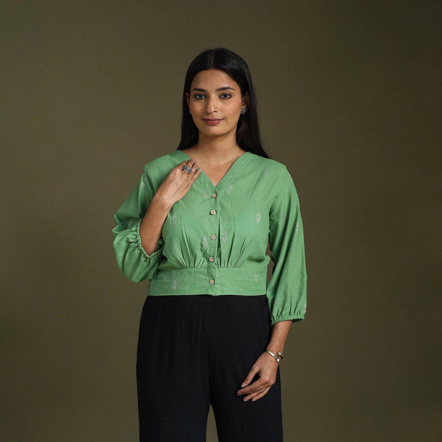 Buy Green Full Sleeve Cotton Jacquard Crop Top
