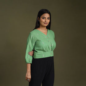 Buy Green Full Sleeve Cotton Jacquard Crop Top