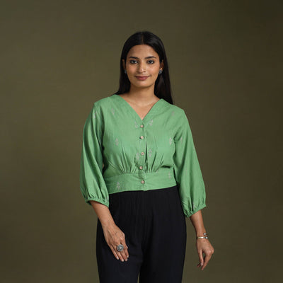 Buy Green Full Sleeve Cotton Jacquard Crop Top