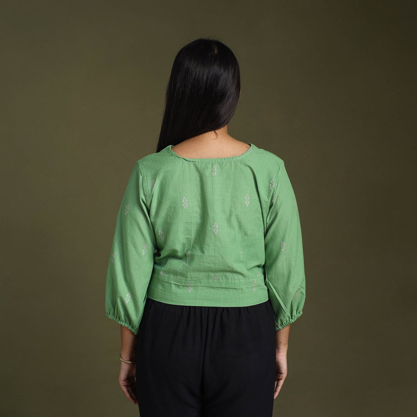 Buy Green Full Sleeve Cotton Jacquard Crop Top