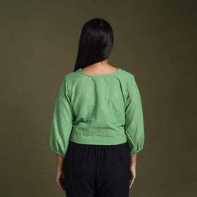 Buy Green Full Sleeve Cotton Jacquard Crop Top