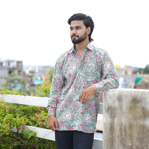Green Full Sleeve Block Print Cotton Men Sanganeri Shirt