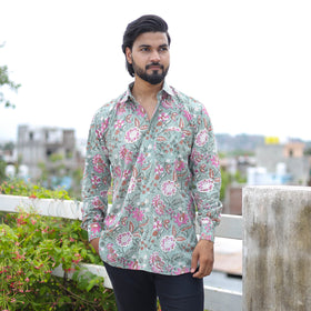 Green Full Sleeve Block Print Cotton Men Sanganeri Shirt