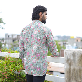 Green Full Sleeve Block Print Cotton Men Sanganeri Shirt