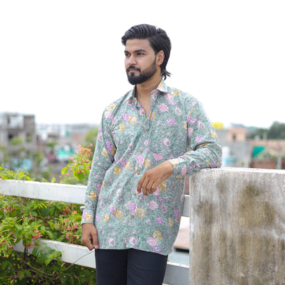Green Full Sleeve Block Print Cotton Men Sanganeri Shirt