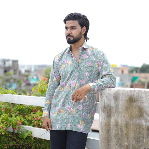 Green Full Sleeve Block Print Cotton Men Sanganeri Shirt