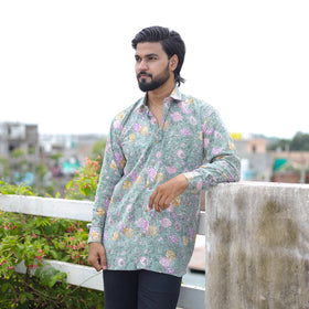 Green Full Sleeve Block Print Cotton Men Sanganeri Shirt