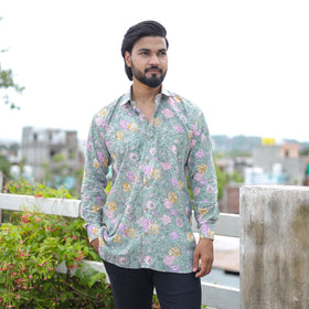 Green Full Sleeve Block Print Cotton Men Sanganeri Shirt