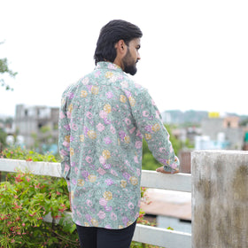 Green Full Sleeve Block Print Cotton Men Sanganeri Shirt