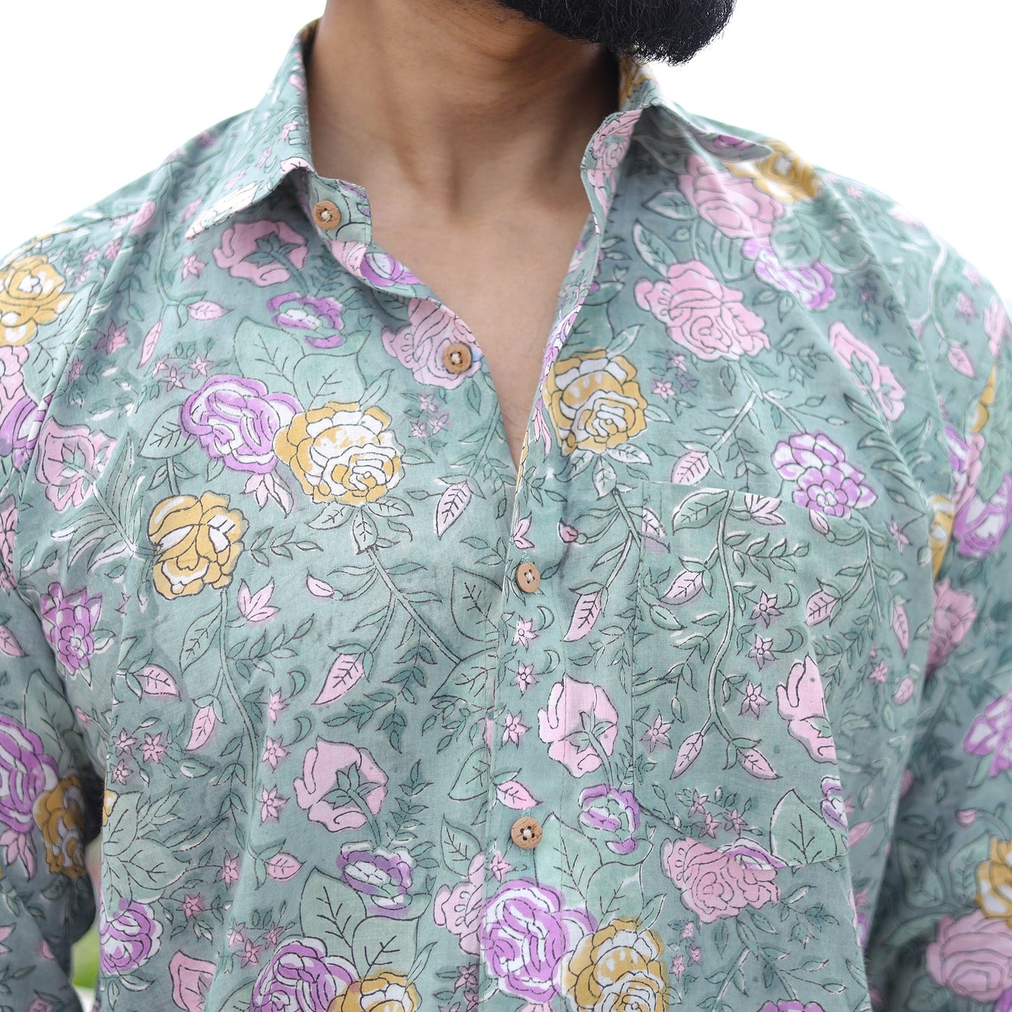 Green Full Sleeve Block Print Cotton Men Sanganeri Shirt