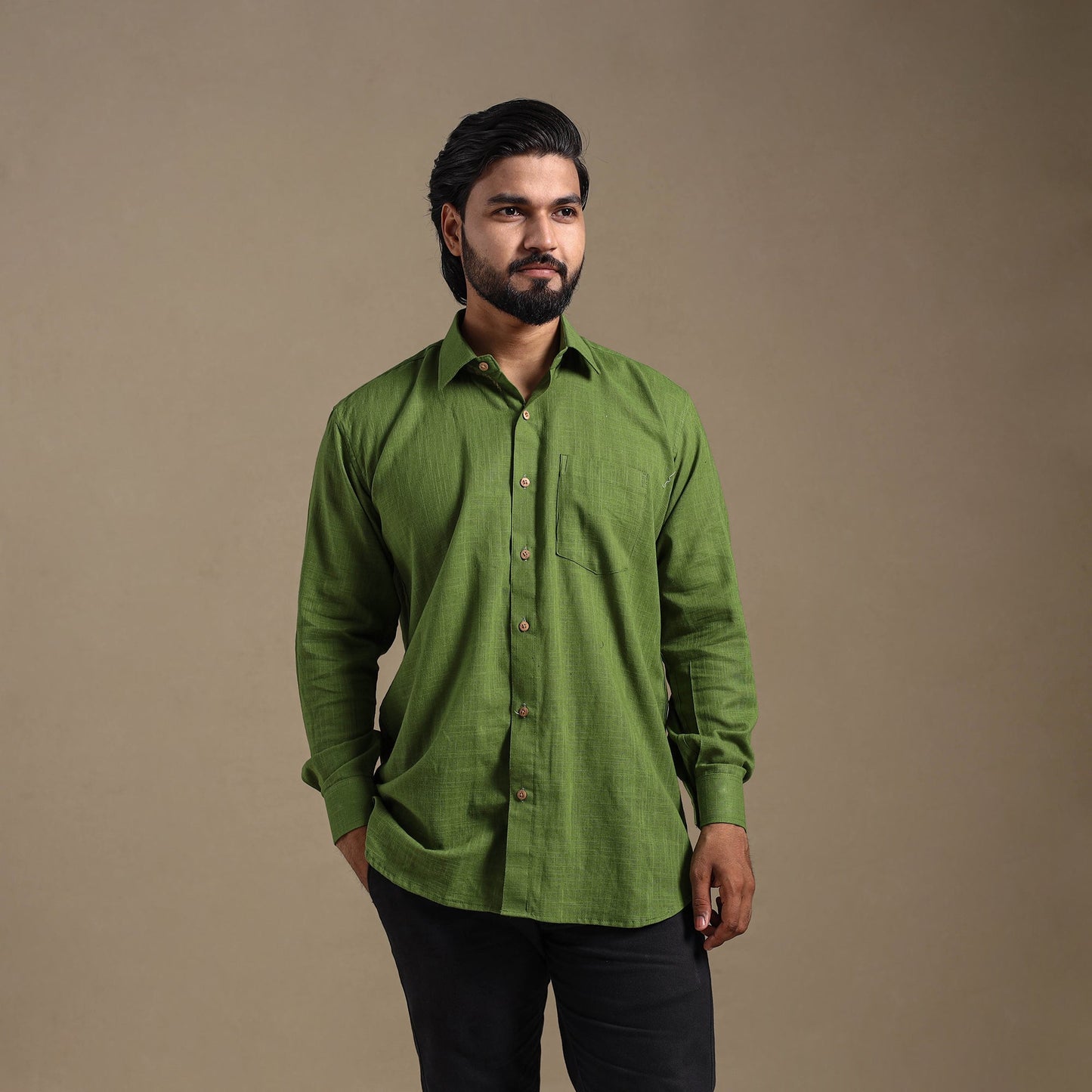 Green Full Sleeve Slub Cotton Men Plain Shirt