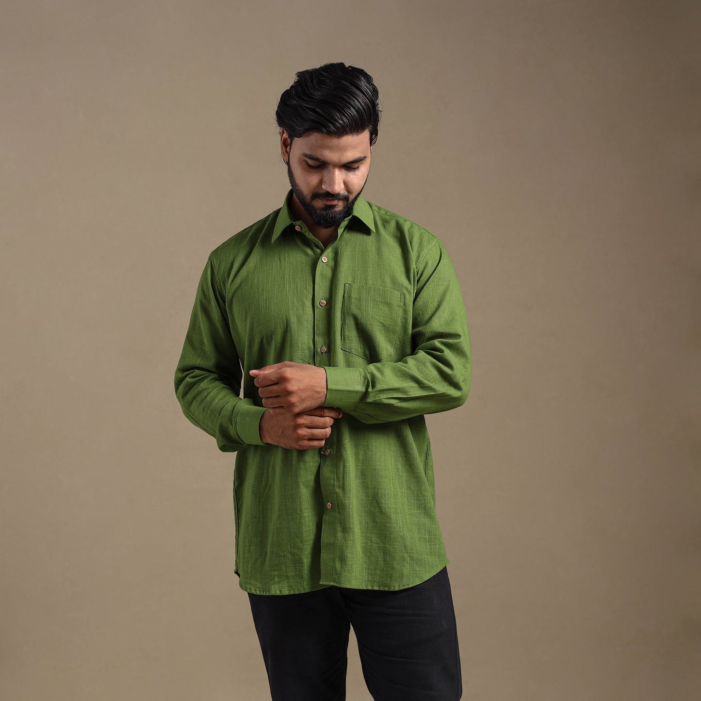 Green Full Sleeve Slub Cotton Men Plain Shirt