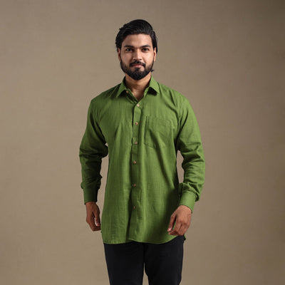Green Full Sleeve Slub Cotton Men Plain Shirt