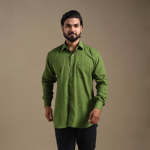 Green Full Sleeve Slub Cotton Men Plain Shirt