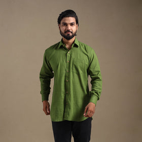 Green Full Sleeve Slub Cotton Men Plain Shirt