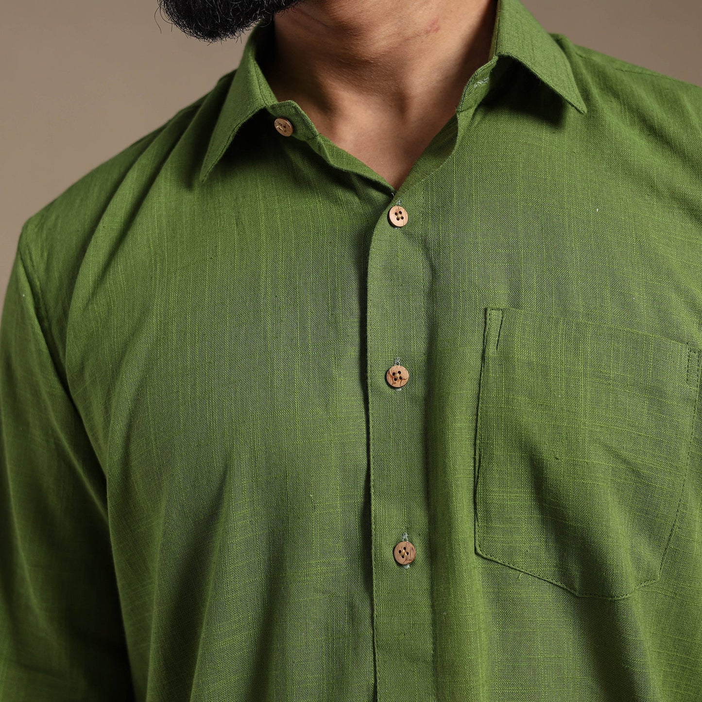 Green Full Sleeve Slub Cotton Men Plain Shirt