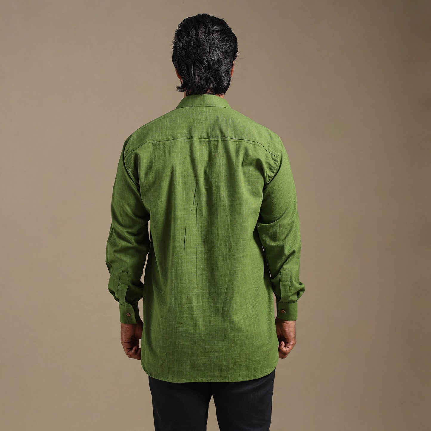 Green Full Sleeve Slub Cotton Men Plain Shirt