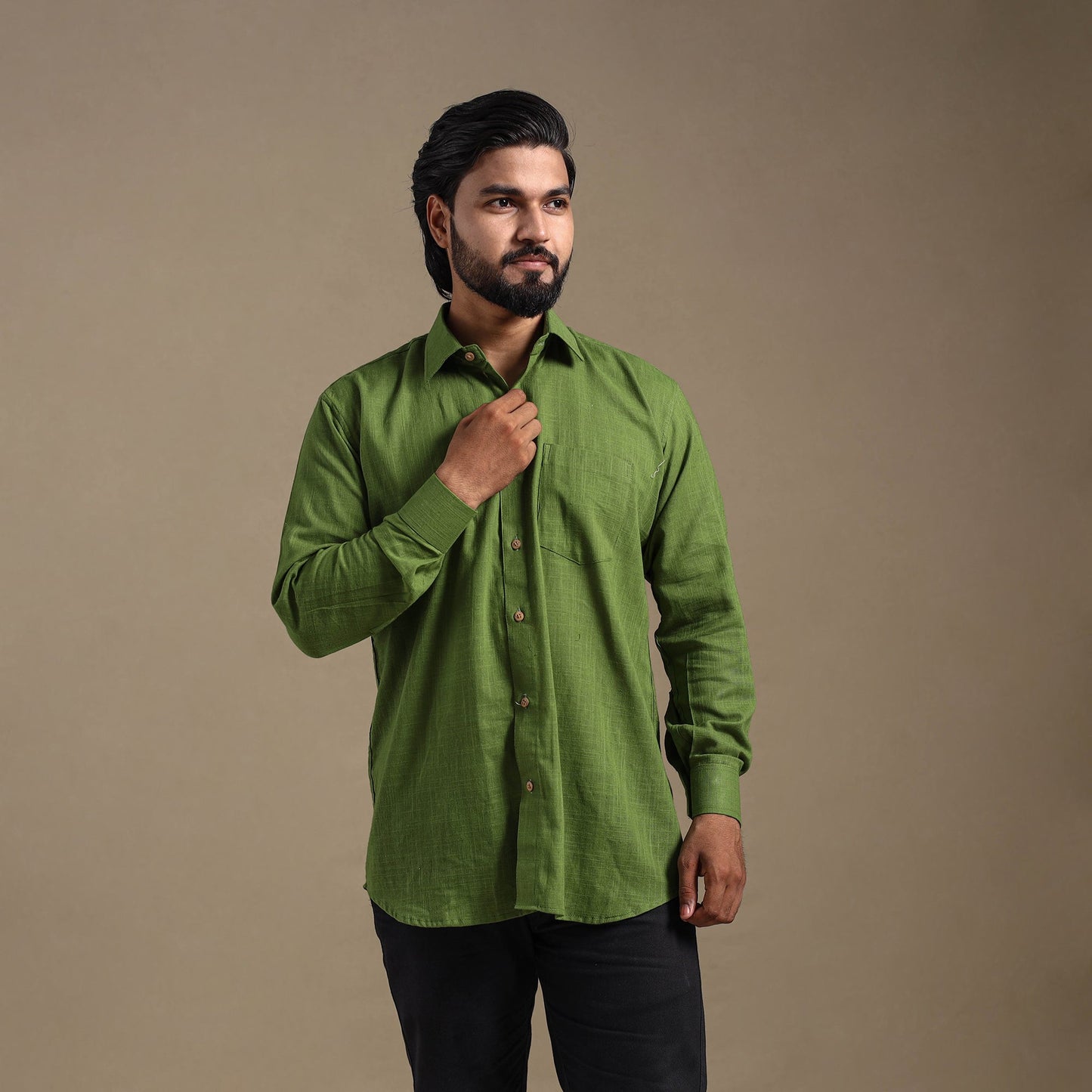 Green Full Sleeve Slub Cotton Men Plain Shirt
