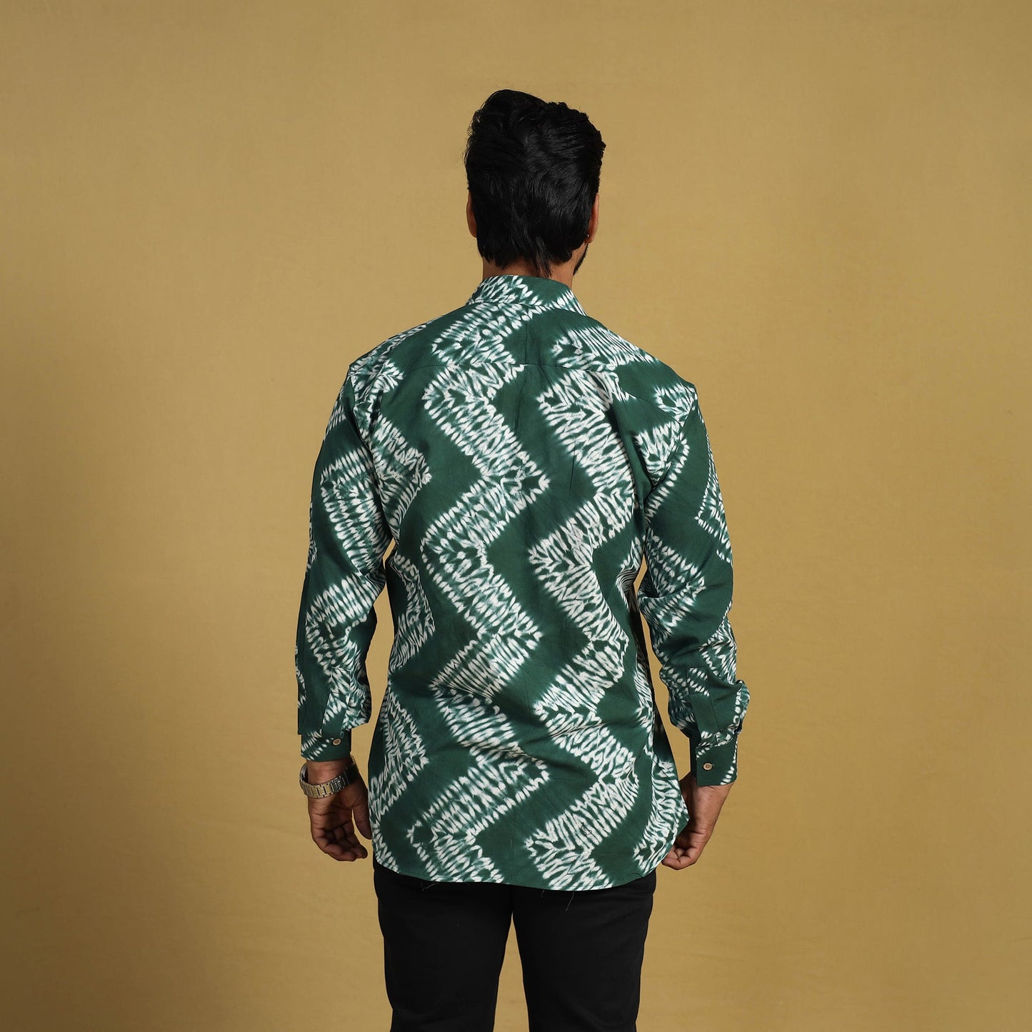 Buy Green Full Sleeve Tie & Dye Cotton Men Shibori Shirt