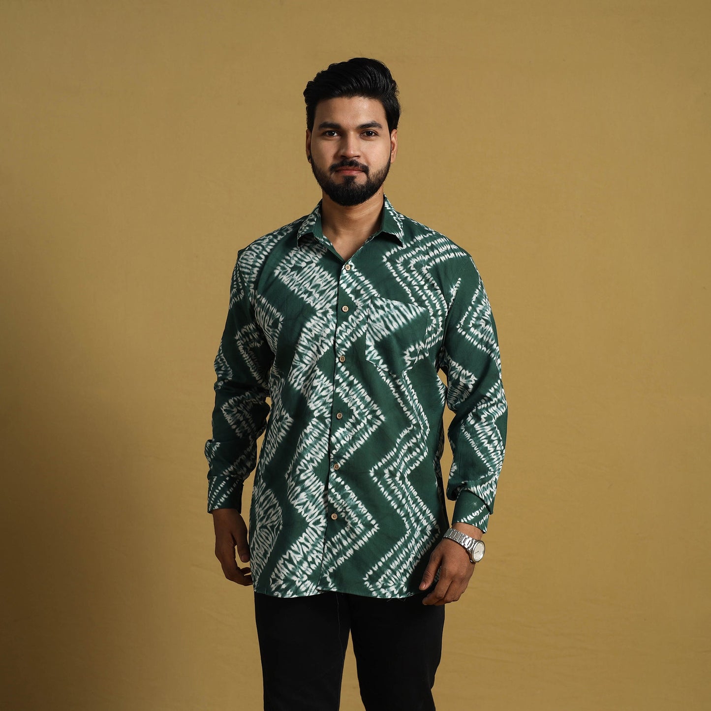 Buy Green Full Sleeve Tie & Dye Cotton Men Shibori Shirt