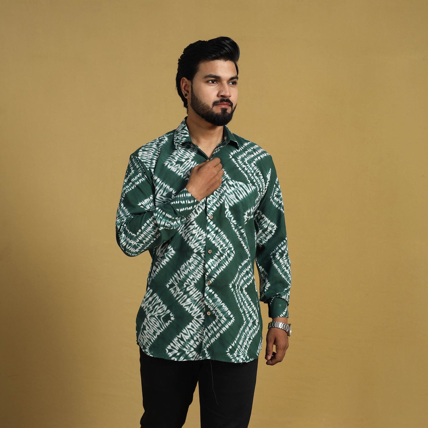Buy Green Full Sleeve Tie & Dye Cotton Men Shibori Shirt