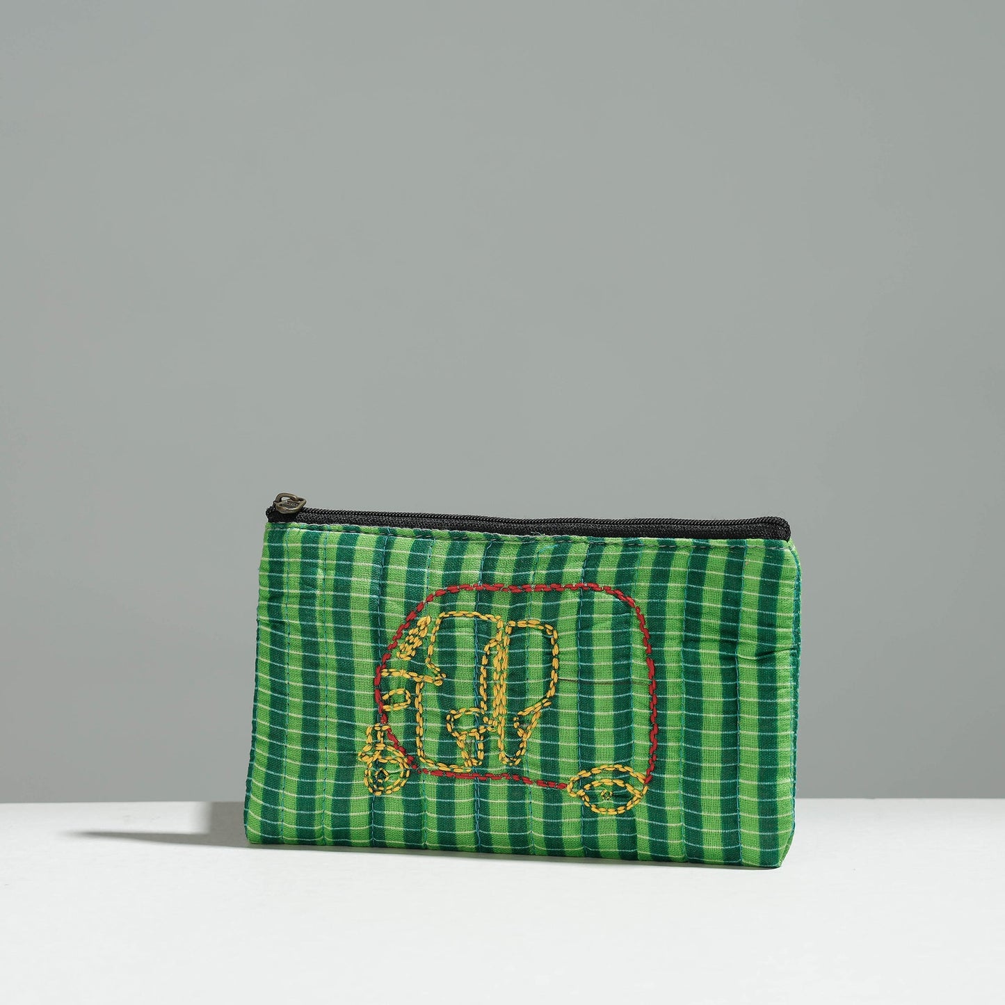 Green Gamcha Fabric Hand Embroidered Jewelry Pouch 