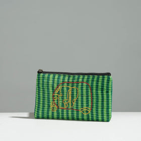 Green Gamcha Fabric Hand Embroidered Jewelry Pouch 