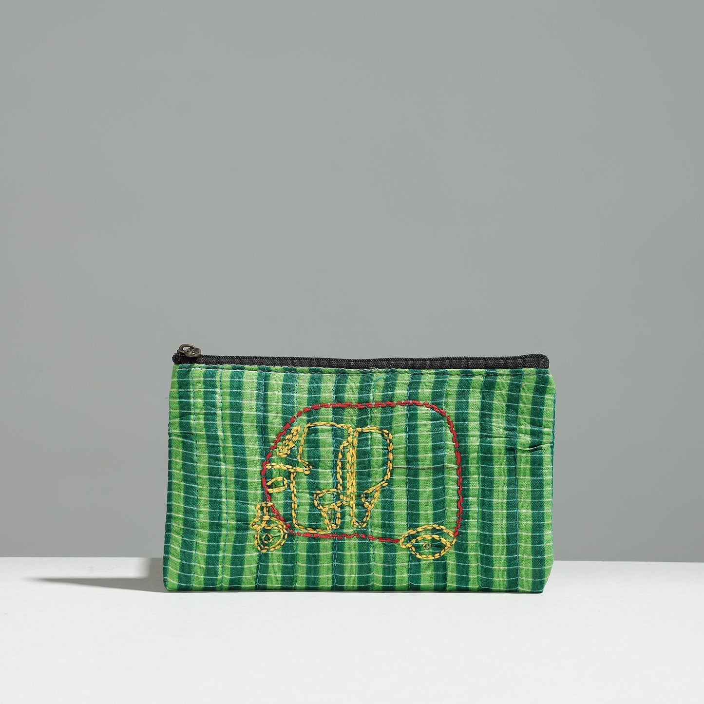 Green Gamcha Fabric Hand Embroidered Jewelry Pouch 