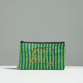 Green Gamcha Fabric Hand Embroidered Jewelry Pouch 
