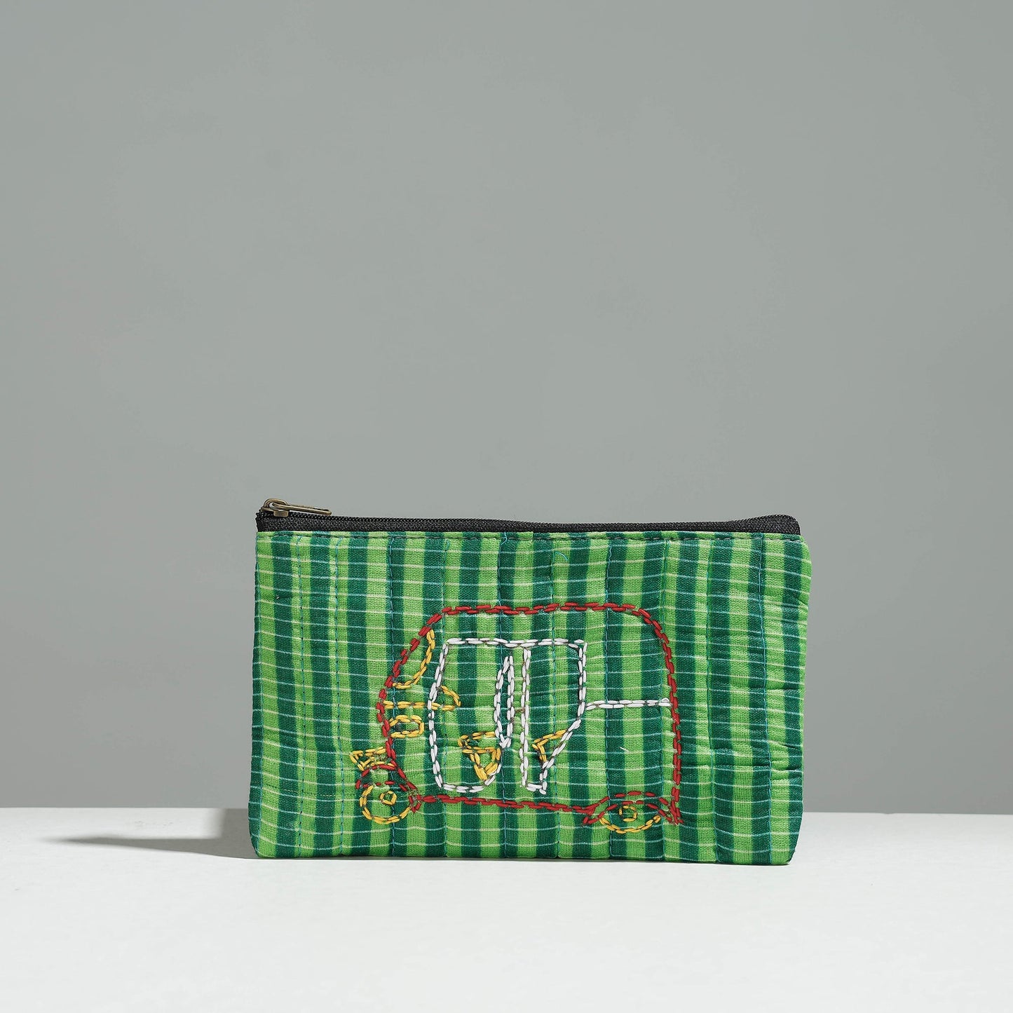 Green Gamcha Fabric Hand Embroidered Jewelry Pouch 