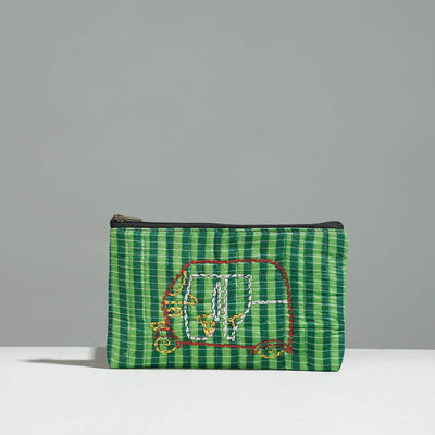 Green Gamcha Fabric Hand Embroidered Jewelry Pouch 