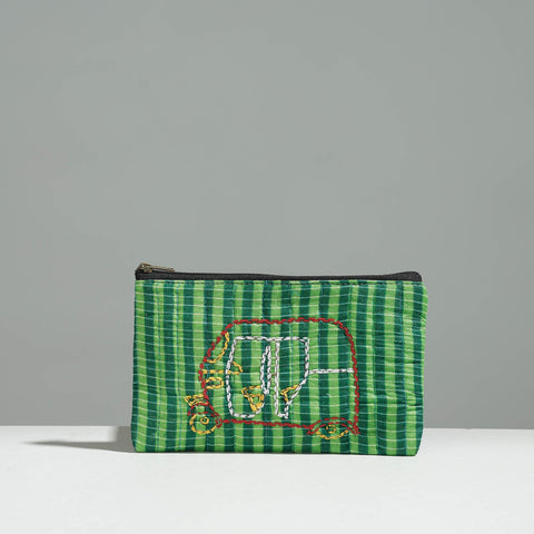 Green Gamcha Fabric Hand Embroidered Jewelry Pouch 