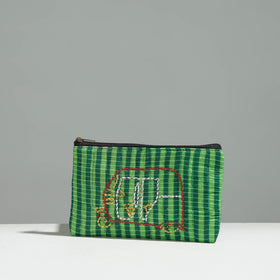 Green Gamcha Fabric Hand Embroidered Jewelry Pouch 