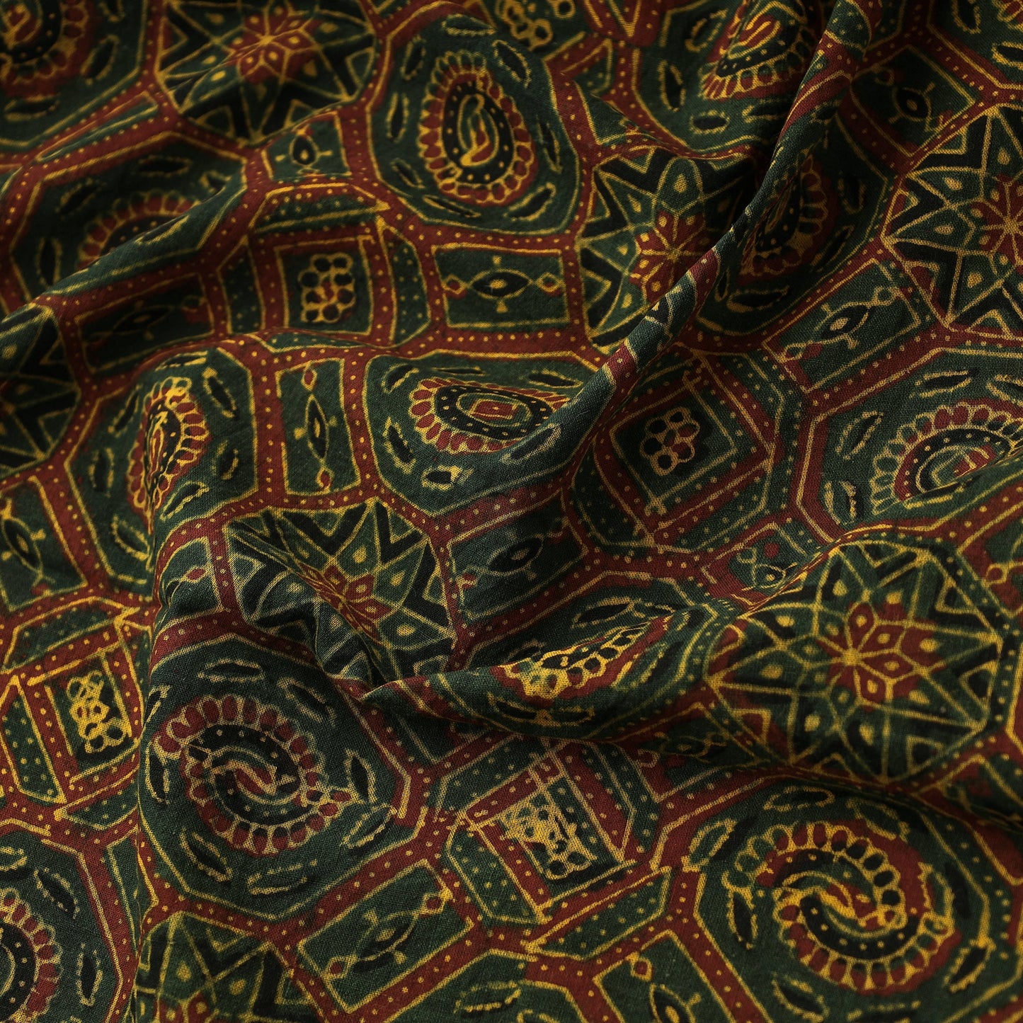 Green Octagon Pattern Block Print Cotton Ajrakh Fabric