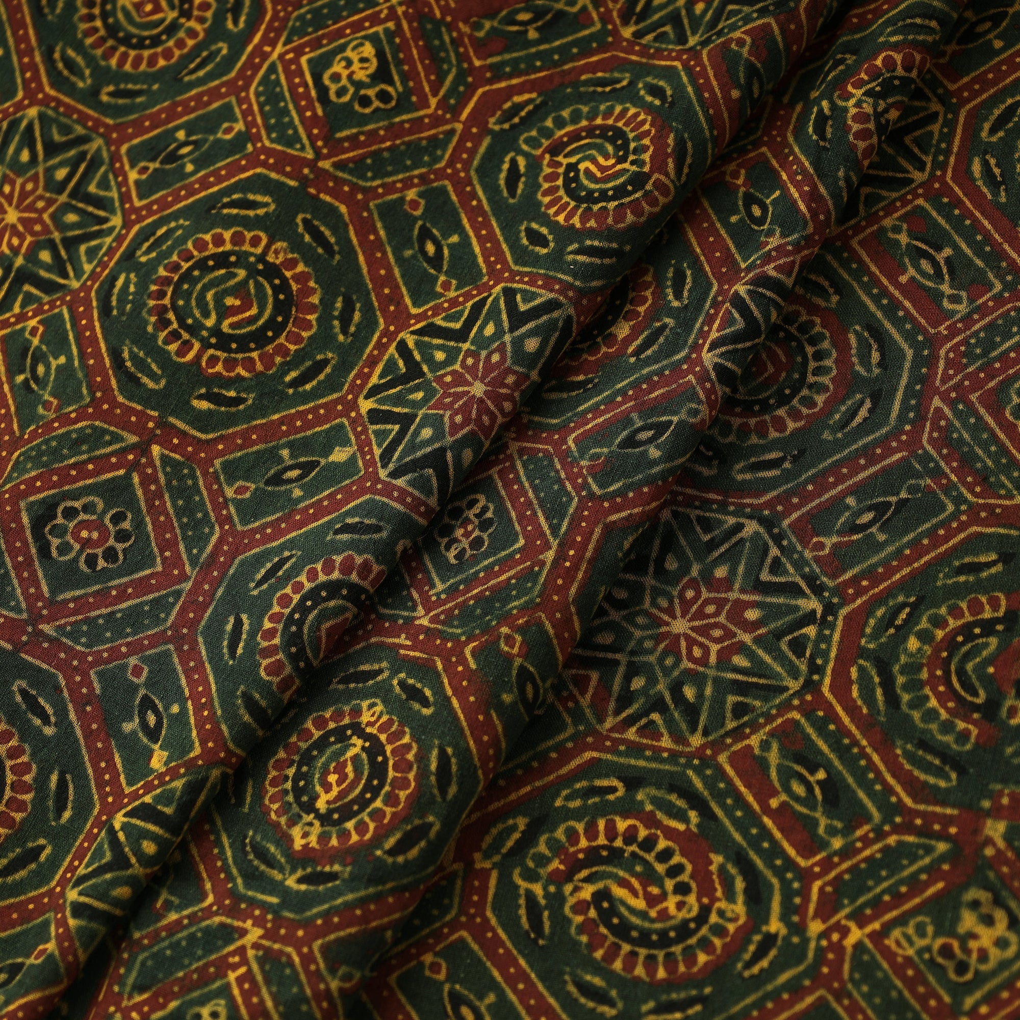 Green Octagon Pattern Block Print Cotton Ajrakh Fabric
