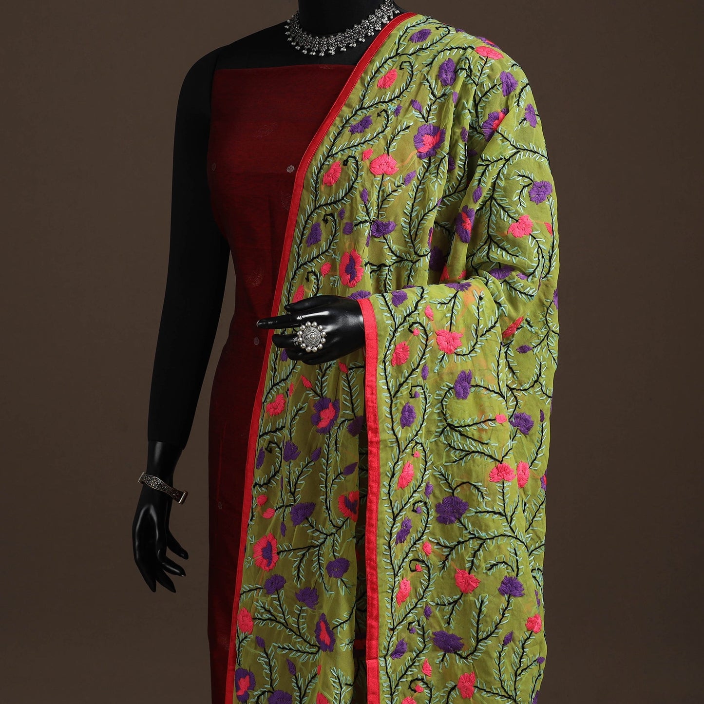 Georgette hand embroidered phulkari dupatta 15 - handcrafted