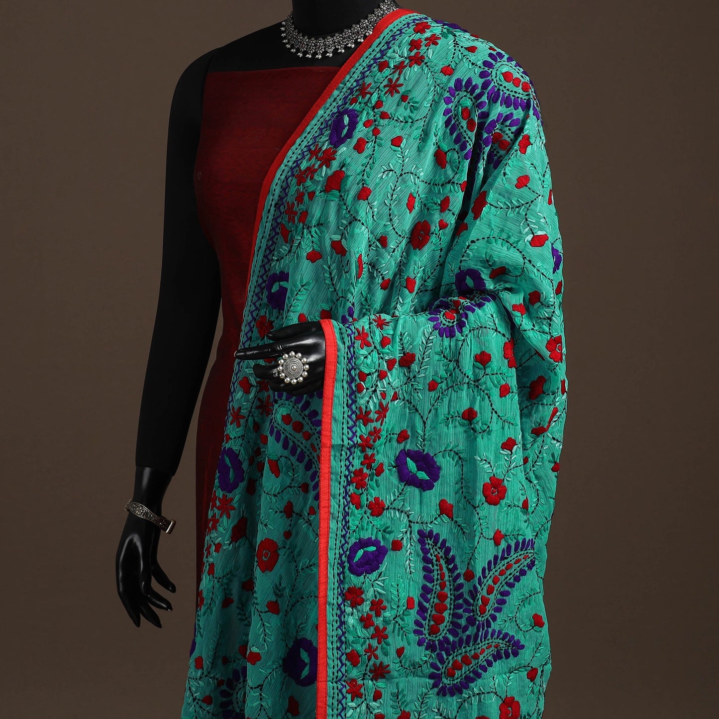 Georgette hand embroidered phulkari dupatta 29 - handcrafted