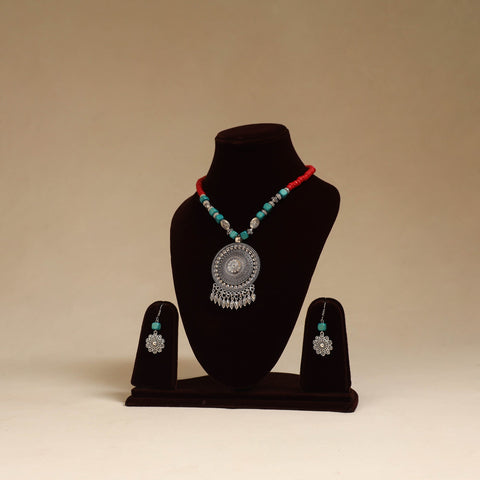 Green - german silver beaded necklace set 09 - handcrafted