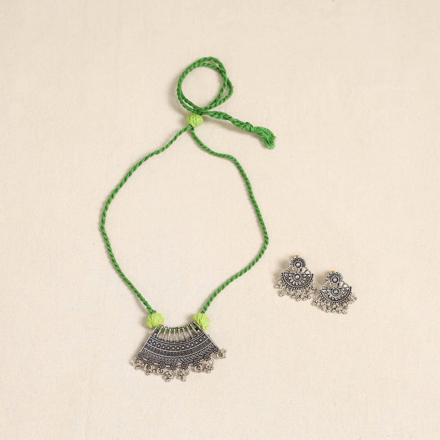 Green - german silver necklace set 14 - handcrafted