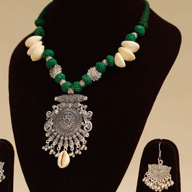 Green - german silver necklace set with thread beads 05