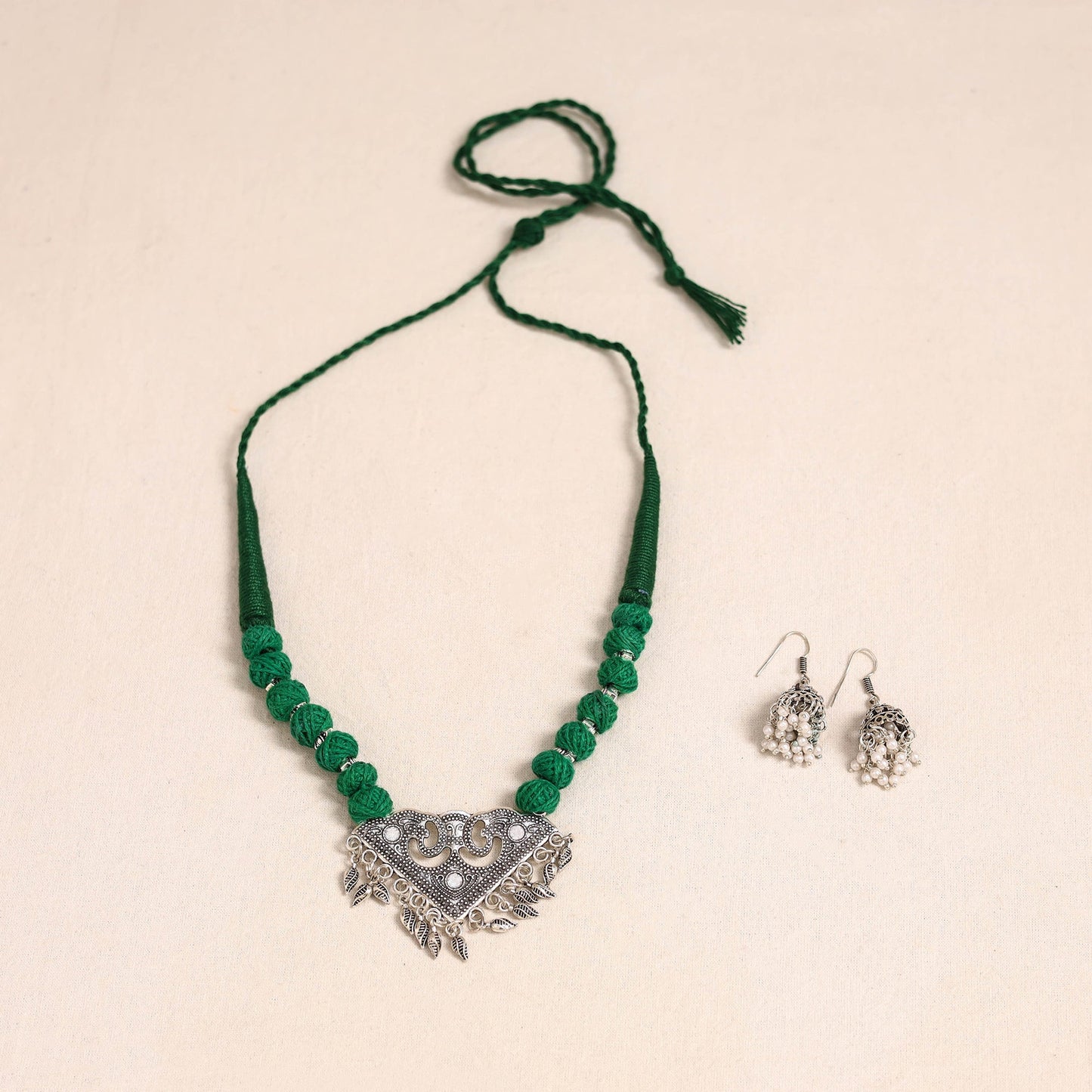 Green German Silver Thread Beads Necklace Set