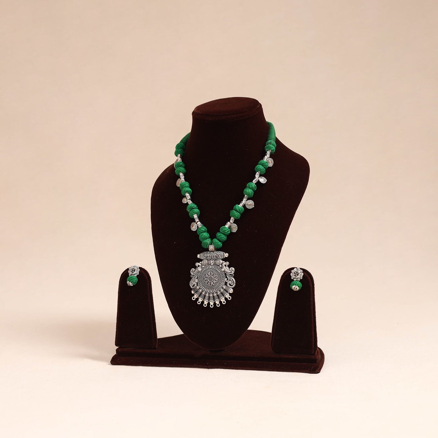 Green - german silver thread beads necklace set 36
