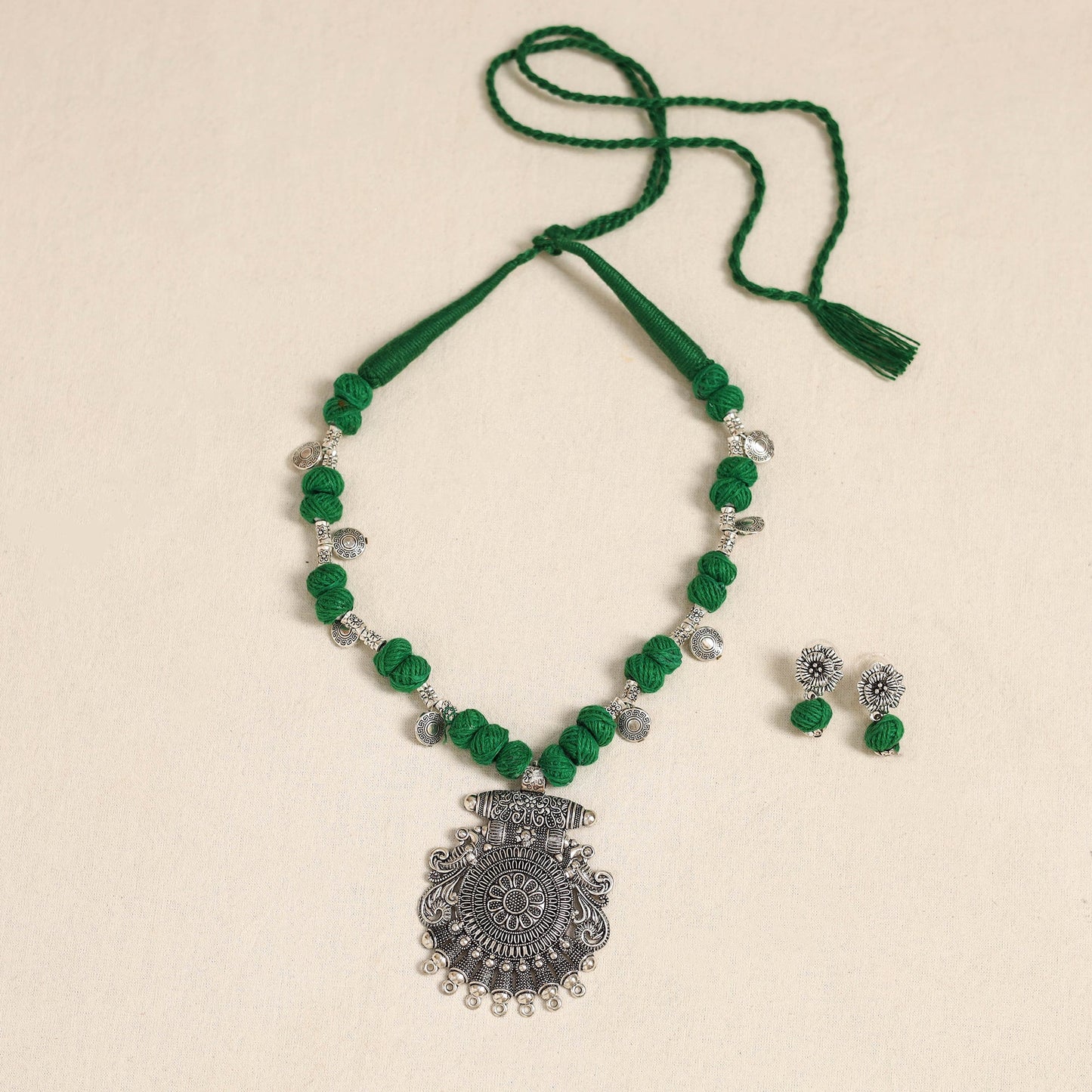 Green - german silver thread beads necklace set 36