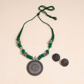 Green - german silver thread beads necklace set 38