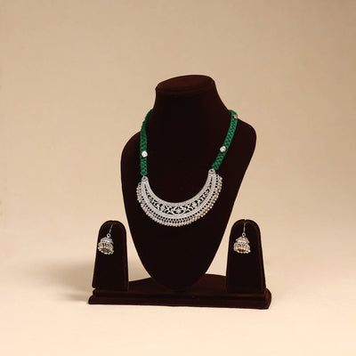 Green - german silver thread braided necklace set 03